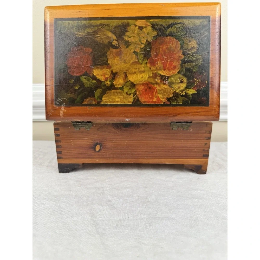 Vintage Cedar Wood Jewelry Box Floral Bird Lithograph Finger Jointed Chest